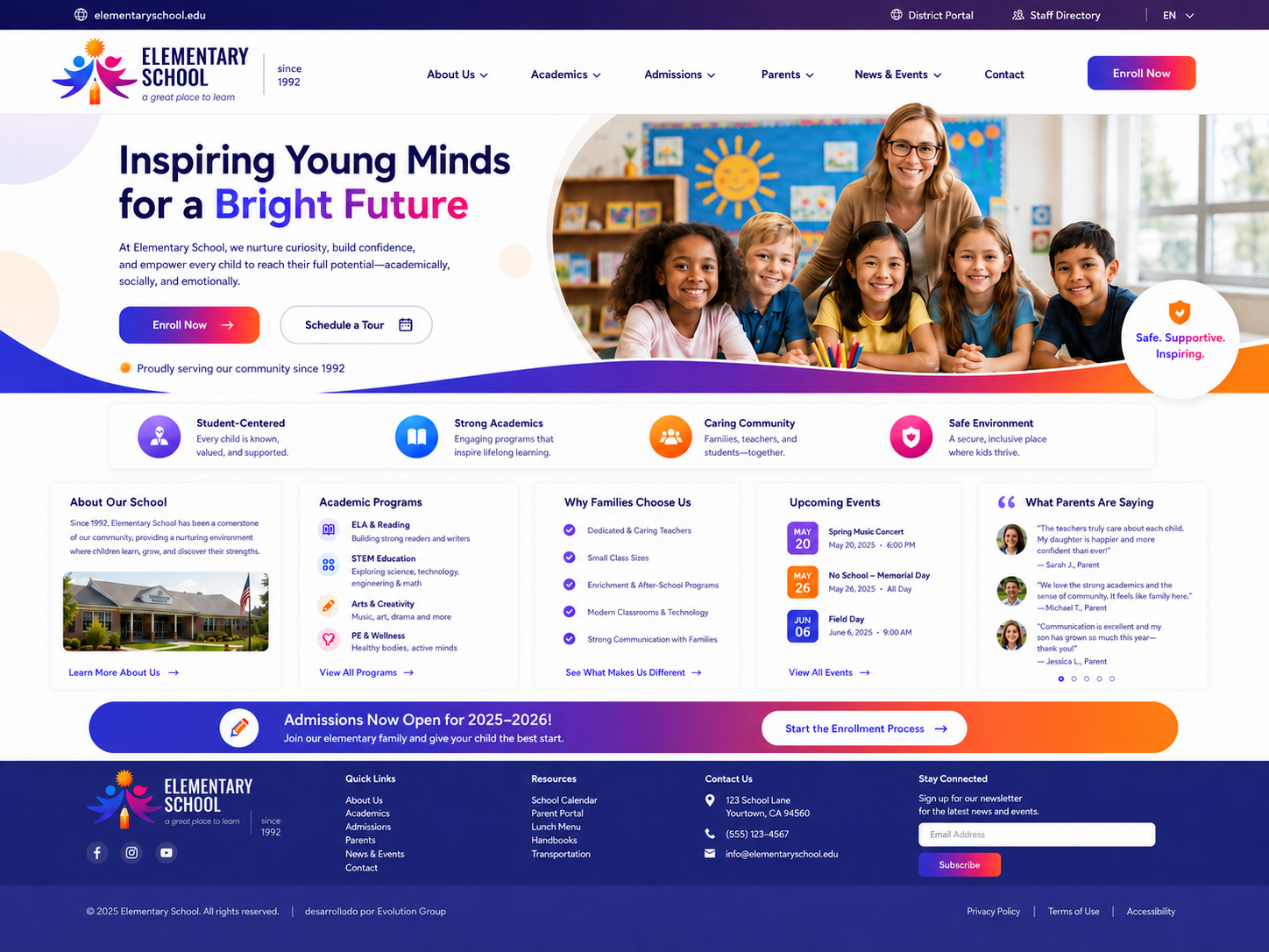Ejemplo premium de sitio web para escuelas y colegios diseñado por Evolution Design